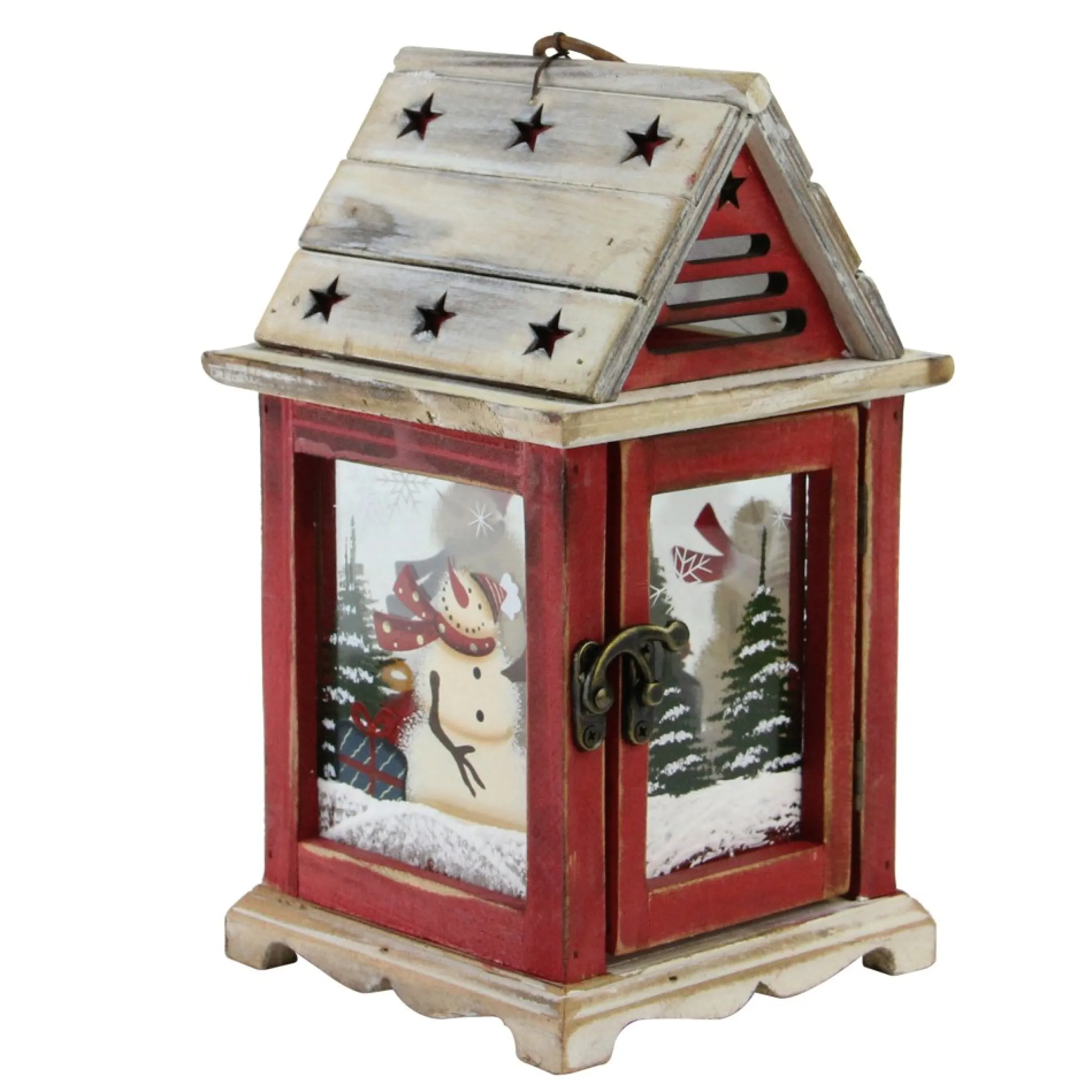 11" Red And Brown Snowman Decorative Christmas Pillar Candle Lantern