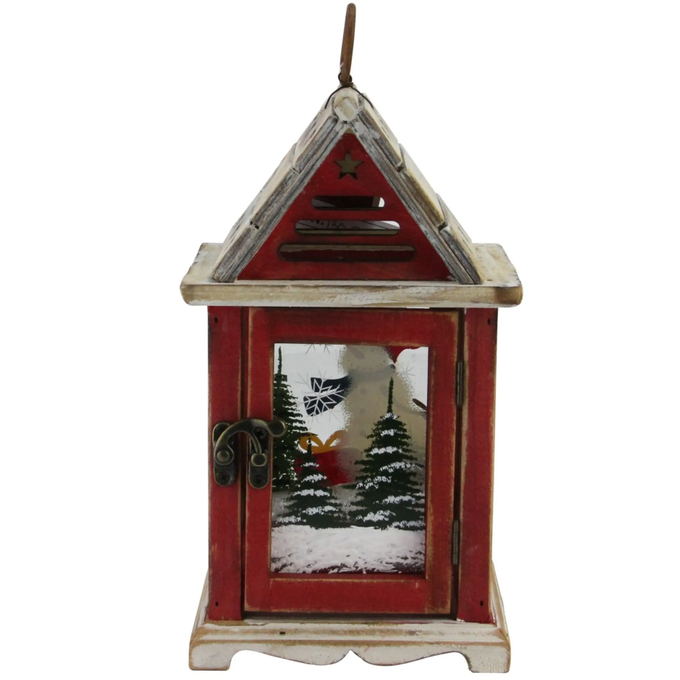11" Red And Brown Snowman Decorative Christmas Pillar Candle Lantern