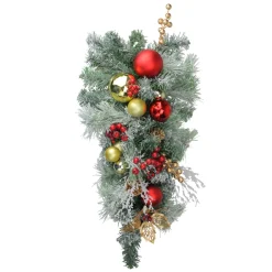 24" Red And Gold Flocked Artificial Christmas Teardrop Swag, Unlit