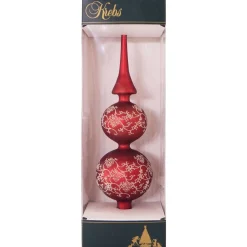 13" Red And Gold Floral Glitter Lace Matte Glass Finial Christmas Tree Topper - Unlit