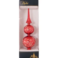 13" Red And Gold Floral Glitter Lace Shiny Glass Finial Christmas Tree Topper - Unlit