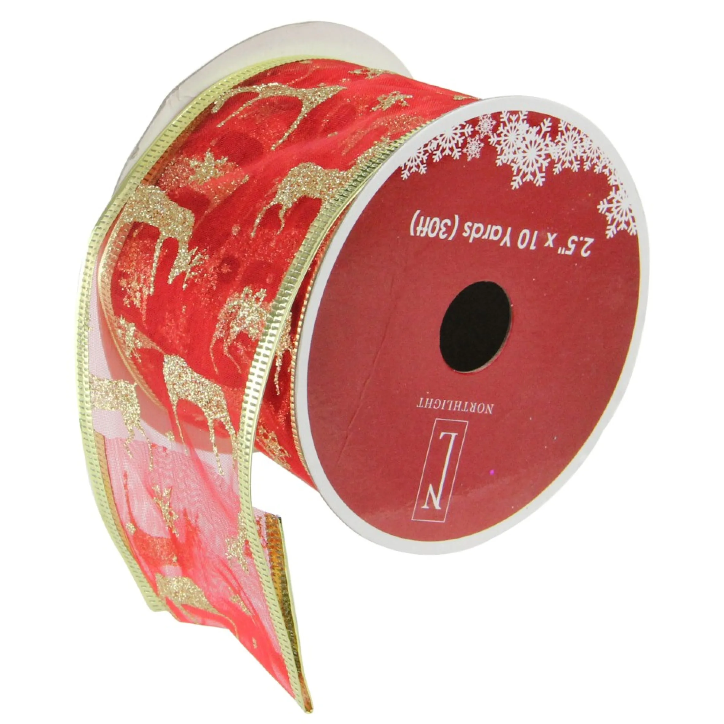 Red And Gold Glittering Reindeer Wired Christmas Craft Ribbon 2.5" X 10 Yards