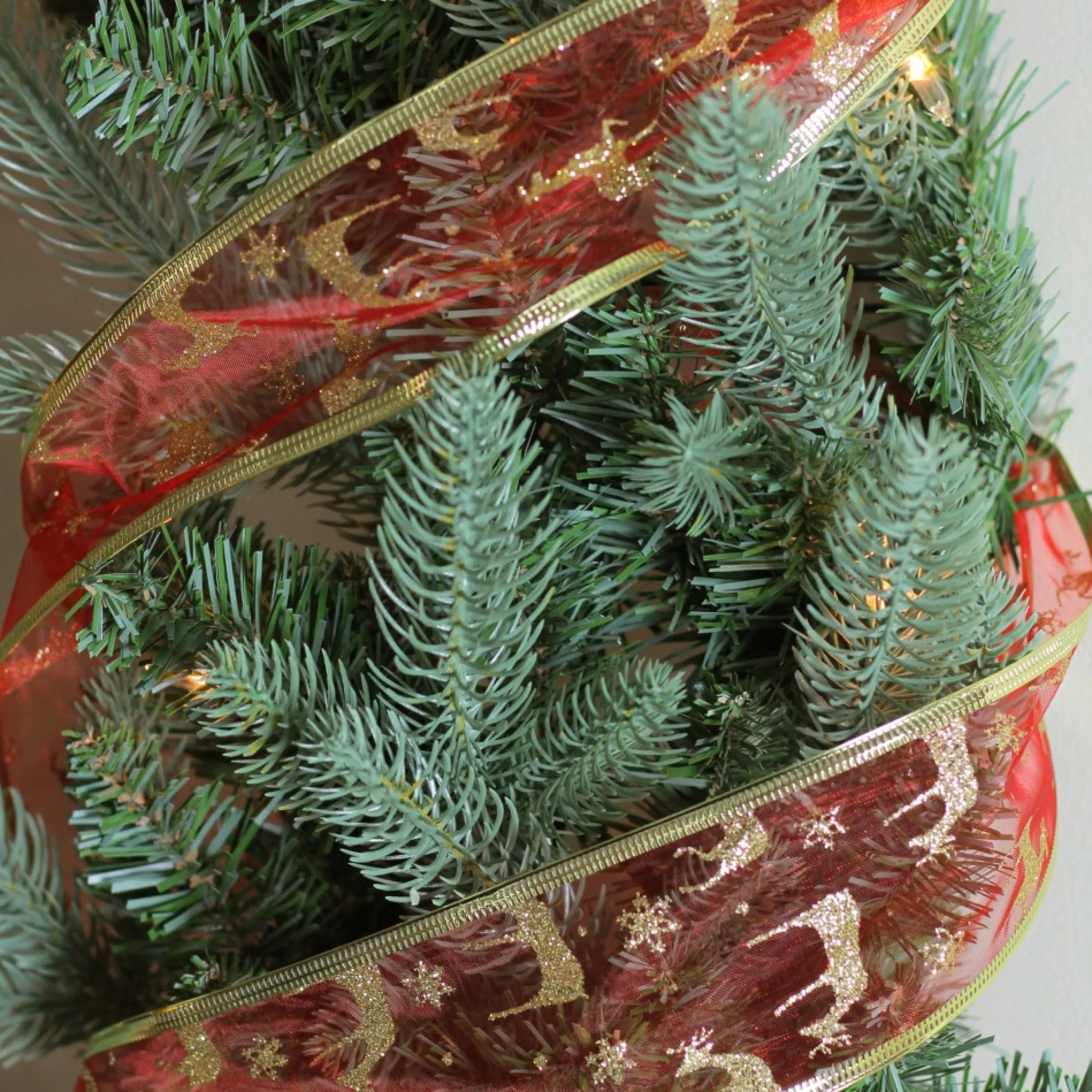 Red And Gold Glittering Reindeer Wired Christmas Craft Ribbon 2.5" X 10 Yards