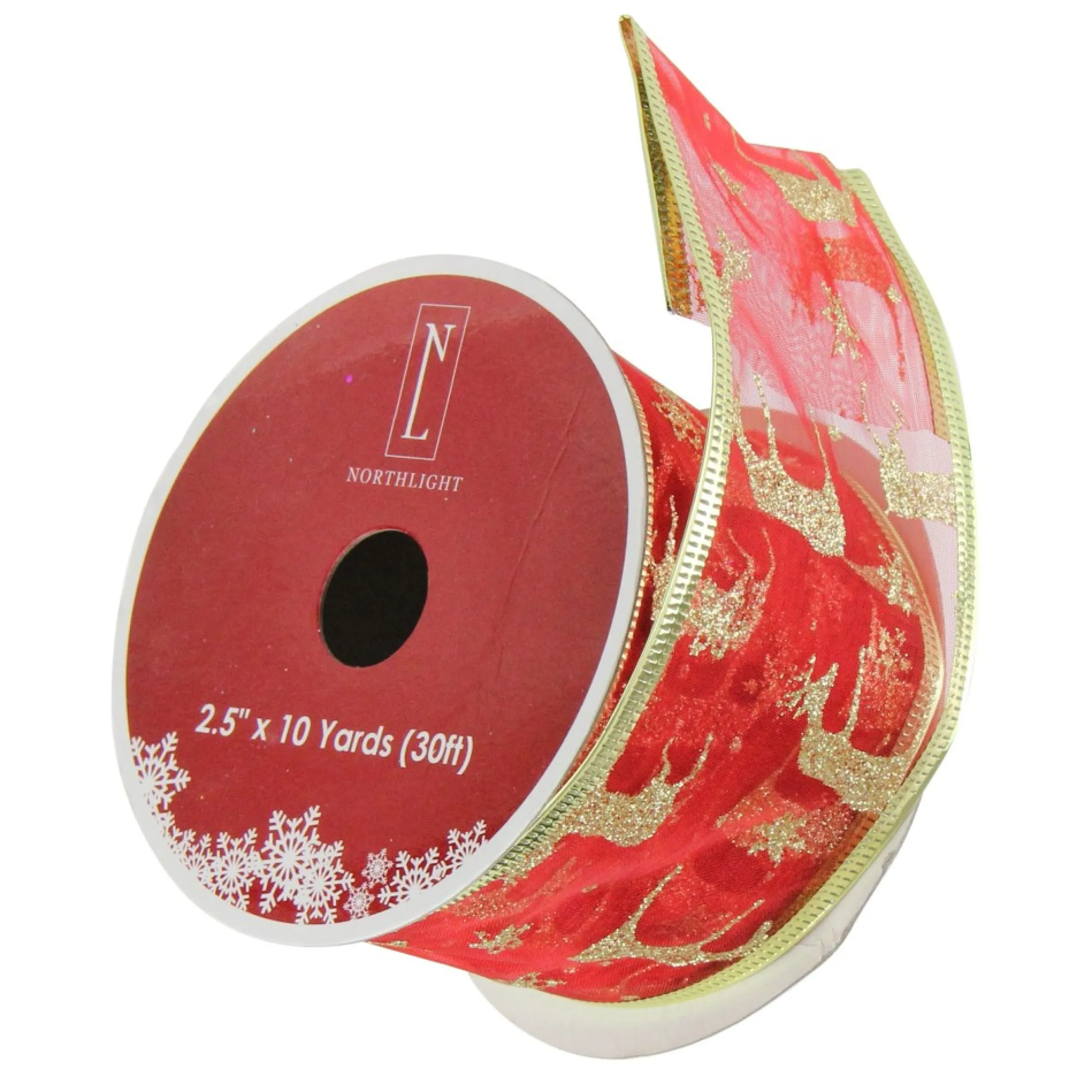 Red And Gold Glittering Reindeer Wired Christmas Craft Ribbon 2.5" X 10 Yards