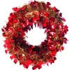Red And Gold Leaf Artificial Thanksgiving Tinsel Wreath, 24-Inch