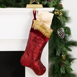 20" Red And Gold Leaf Christmas Stocking With Wavy Sequined Cuff