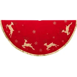 54" Red And Gold Patchwork Reindeer Running Christmas Tree Skirt