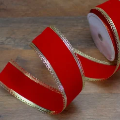 Red And Gold Velvet Christmas Wired Craft Ribbon 2.5" X 10 Yards