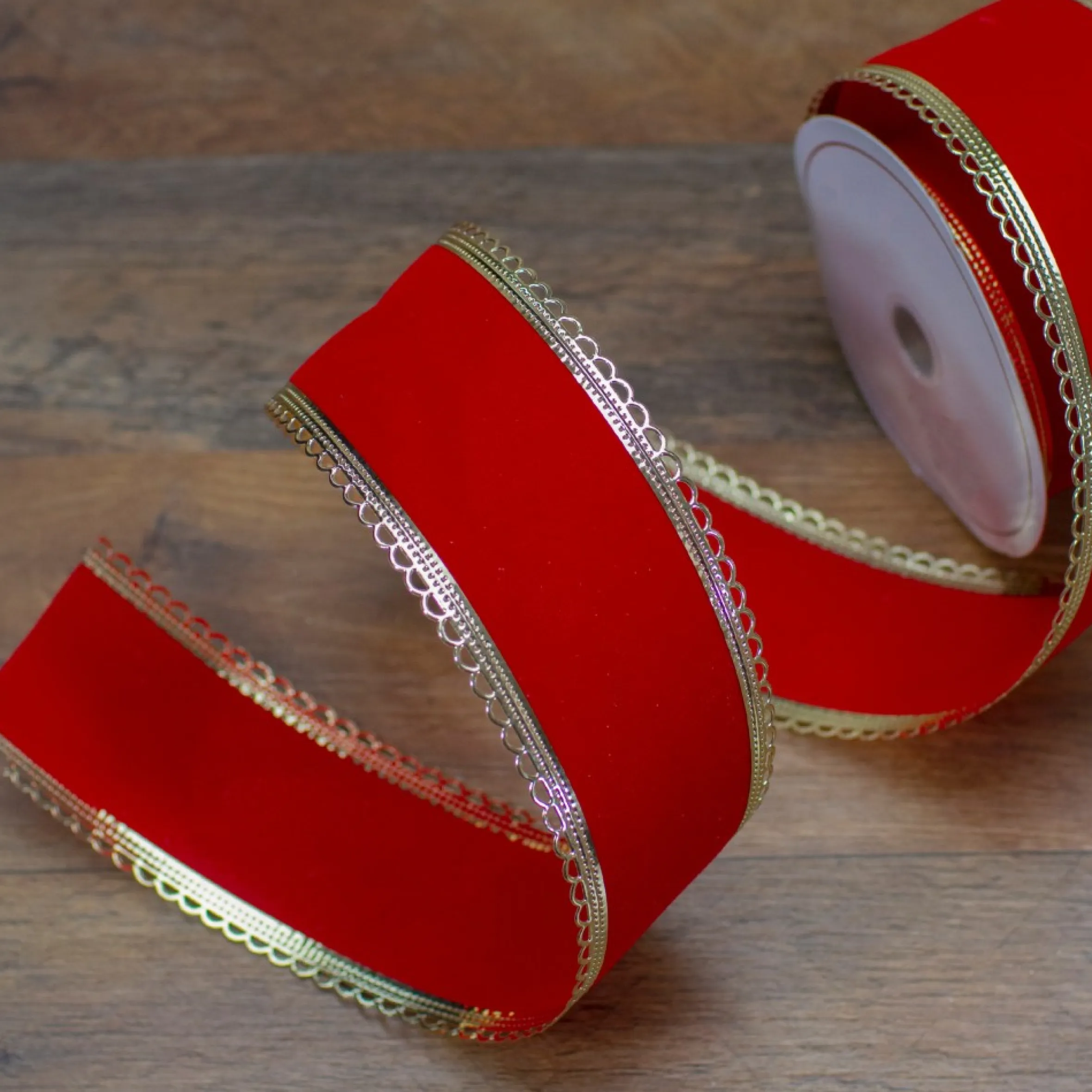 Red And Gold Velvet Christmas Wired Craft Ribbon 2.5" X 10 Yards