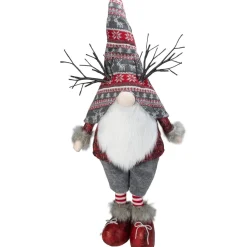 30" Red And Gray Nordic Hat Standing Christmas Gnome With Led Antlers