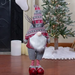 30" Red And Gray Nordic Hat Standing Christmas Gnome With Led Antlers