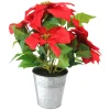 15.5" Red And Green Artificial Poinsettia Christmas Flower Arrangement In Silver Pot