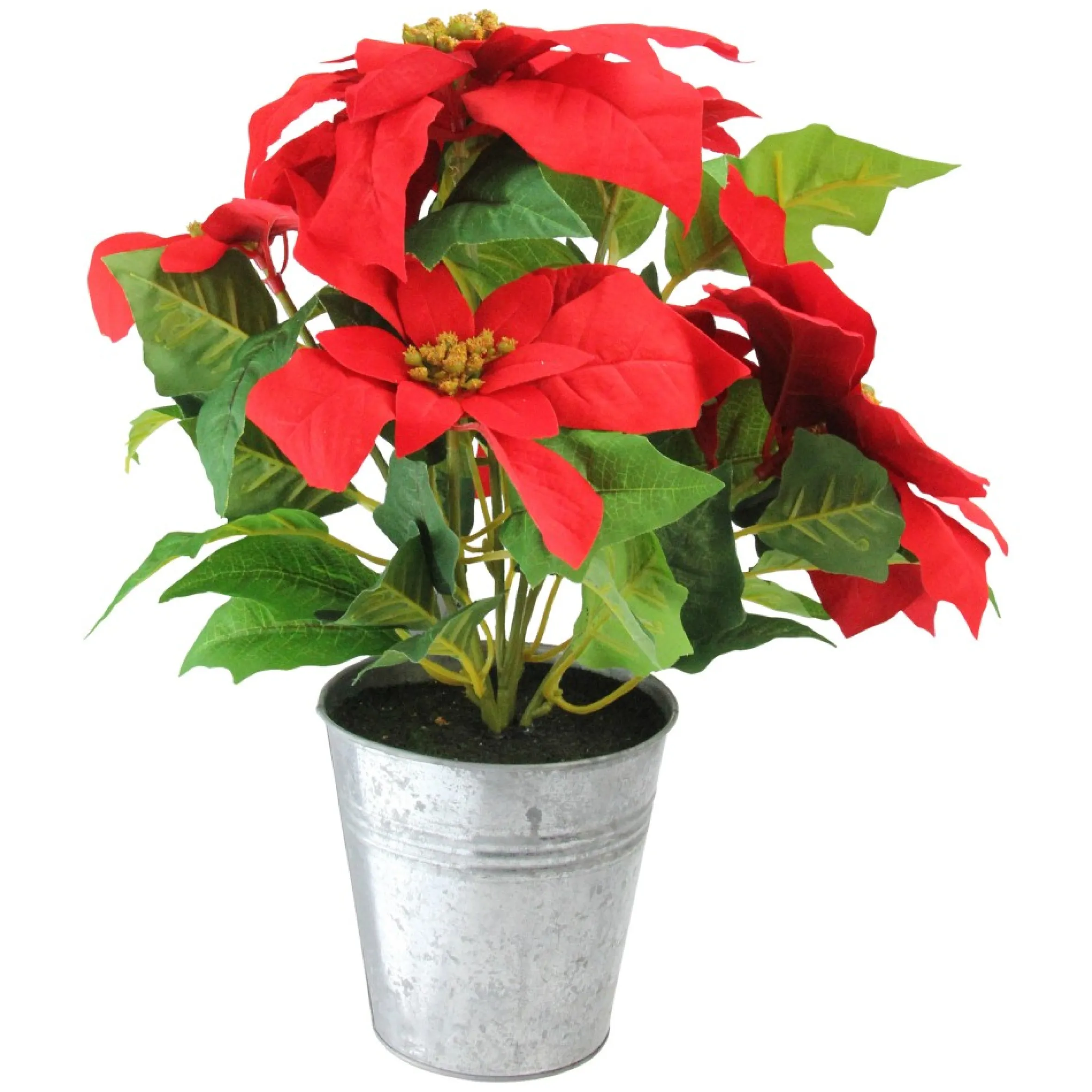 15.5" Red And Green Artificial Poinsettia Christmas Flower Arrangement In Silver Pot