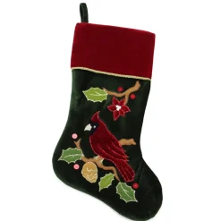 20.5" Red And Green Cardinal Embroidered Christmas Stocking