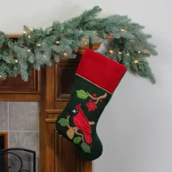 20.5" Red And Green Cardinal Embroidered Christmas Stocking