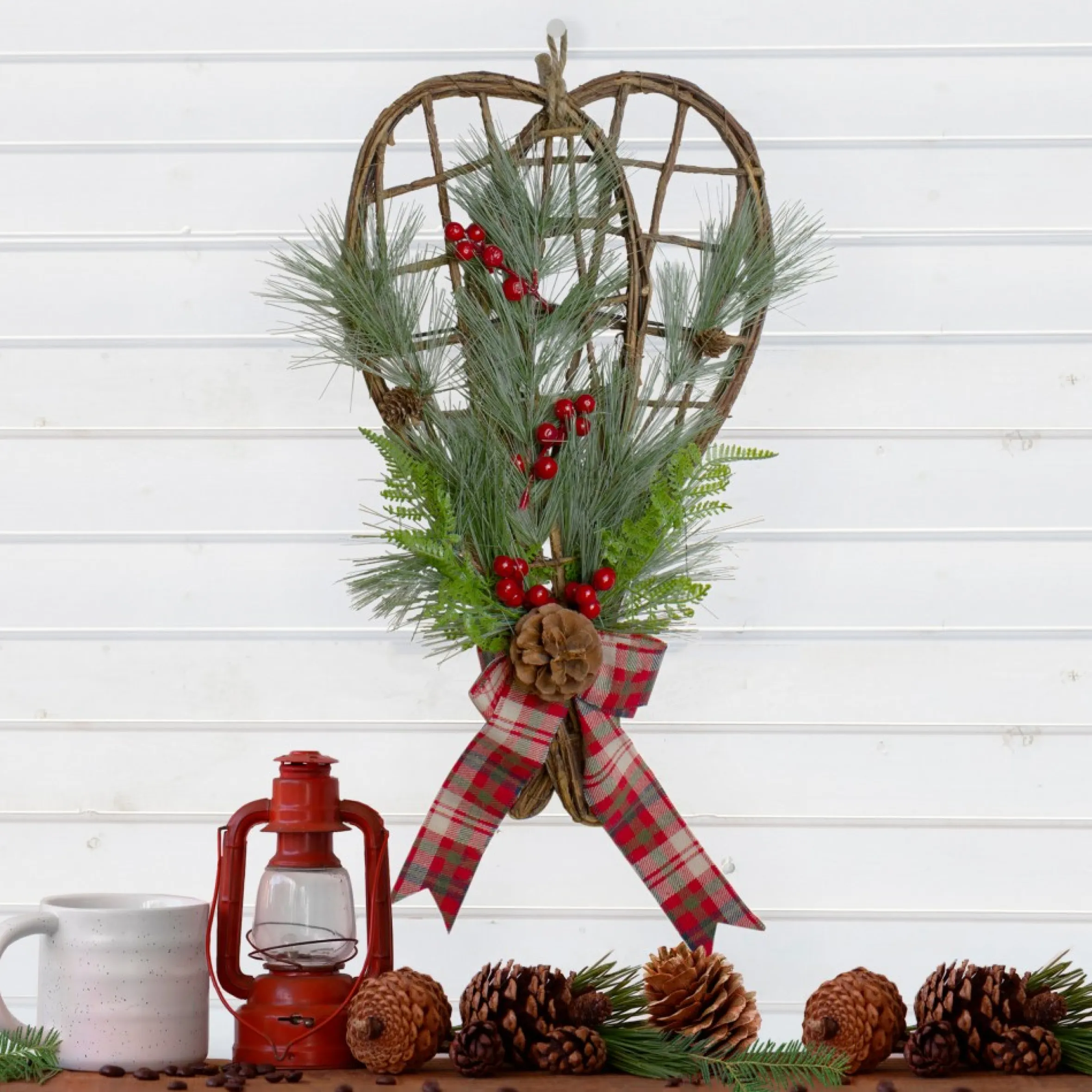 20" Red And Green Cedar And Berries Twig Snowshoes Christmas Wall Decor