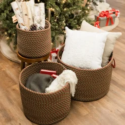 20" Red And Green Chevron Round Braided Holiday Jumbo Basket