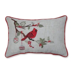 18.5" Red And Green Embroidered Christmas Cardinal Rectangular Throw Pillow