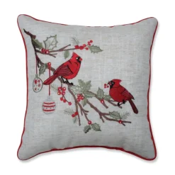 16.5" Red And Green Embroidered Christmas Cardinal Square Throw Pillow