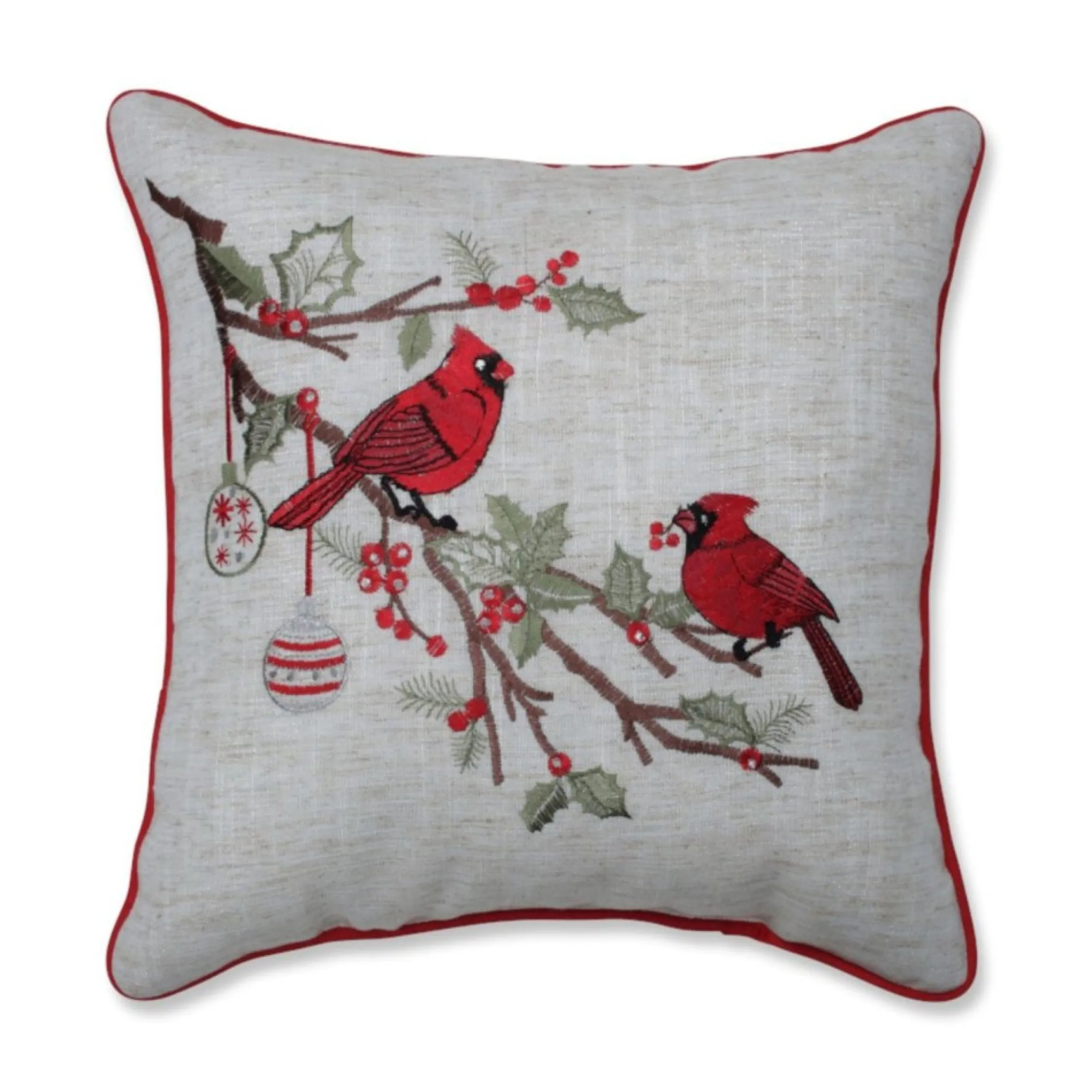 16.5" Red And Green Embroidered Christmas Cardinal Square Throw Pillow