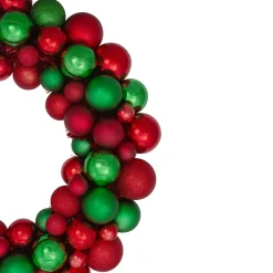 Red And Green 3-Finish Shatterproof Ball Christmas Wreath - 24-Inch, Unlit