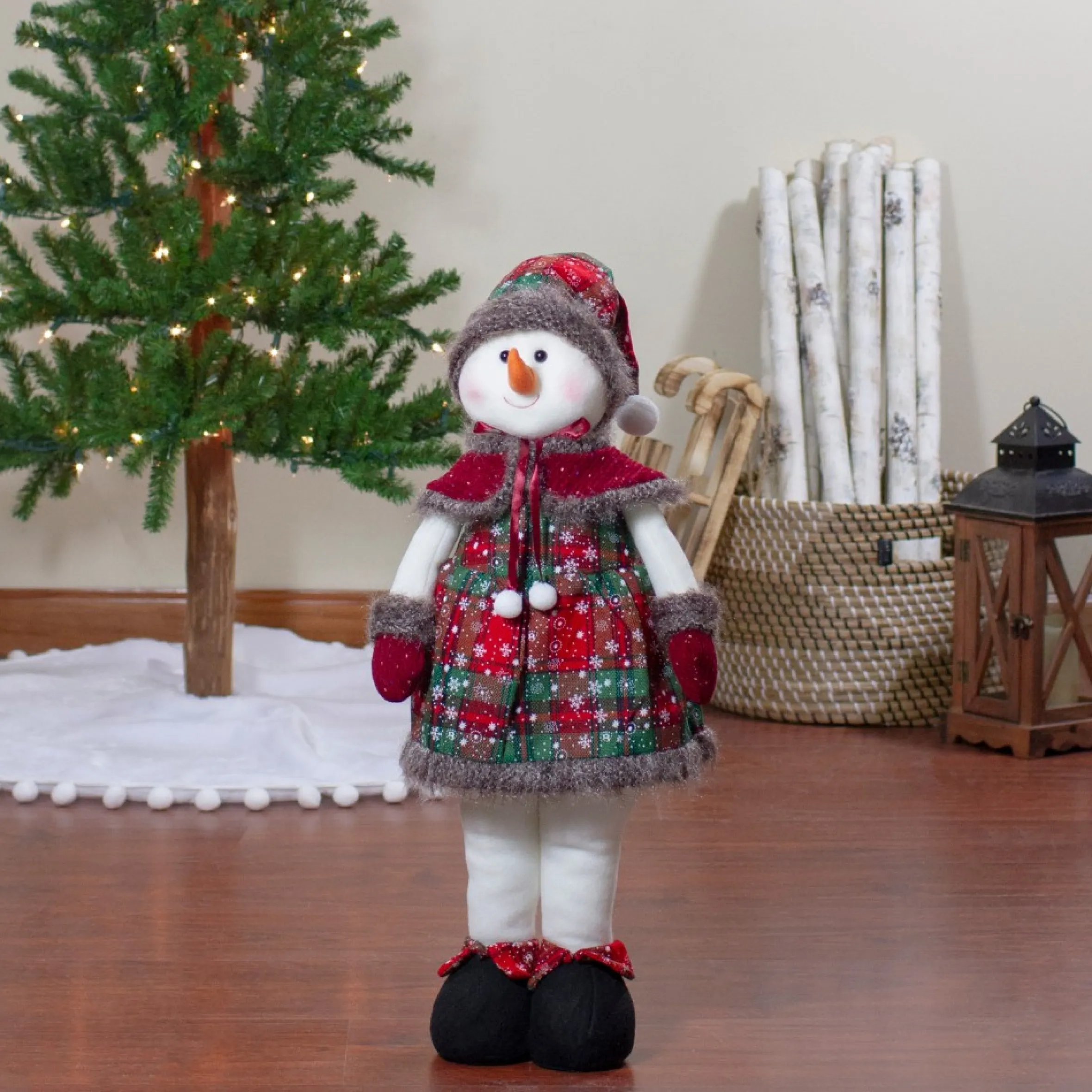 24" Red And Green Jolly Plush Girl Snowman Christmas Figure