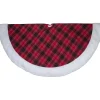 60" Red And Green Plaid Christmas Tree Skirt With White High Pile Fleece Trim