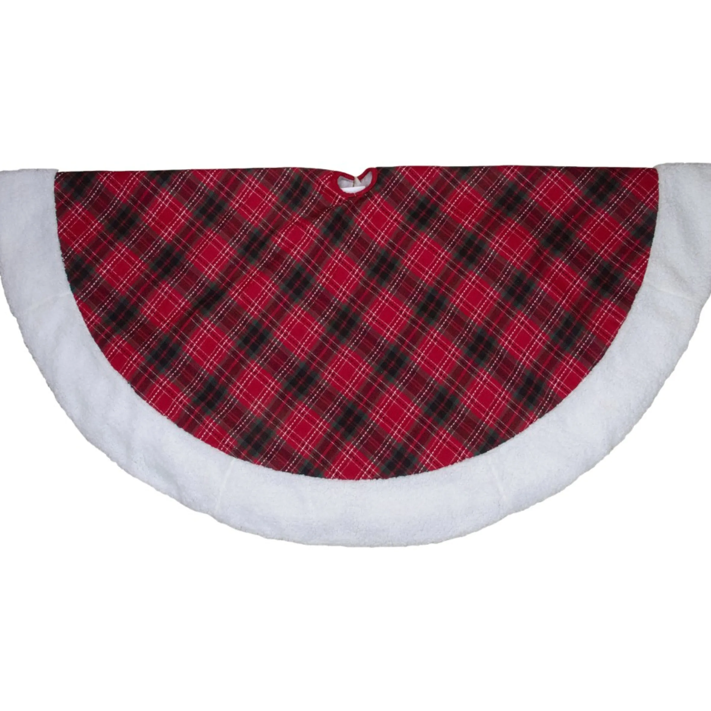 60" Red And Green Plaid Christmas Tree Skirt With White High Pile Fleece Trim
