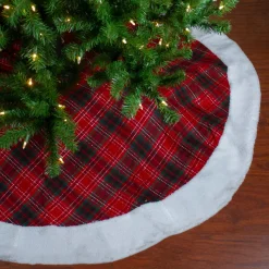 60" Red And Green Plaid Christmas Tree Skirt With White High Pile Fleece Trim