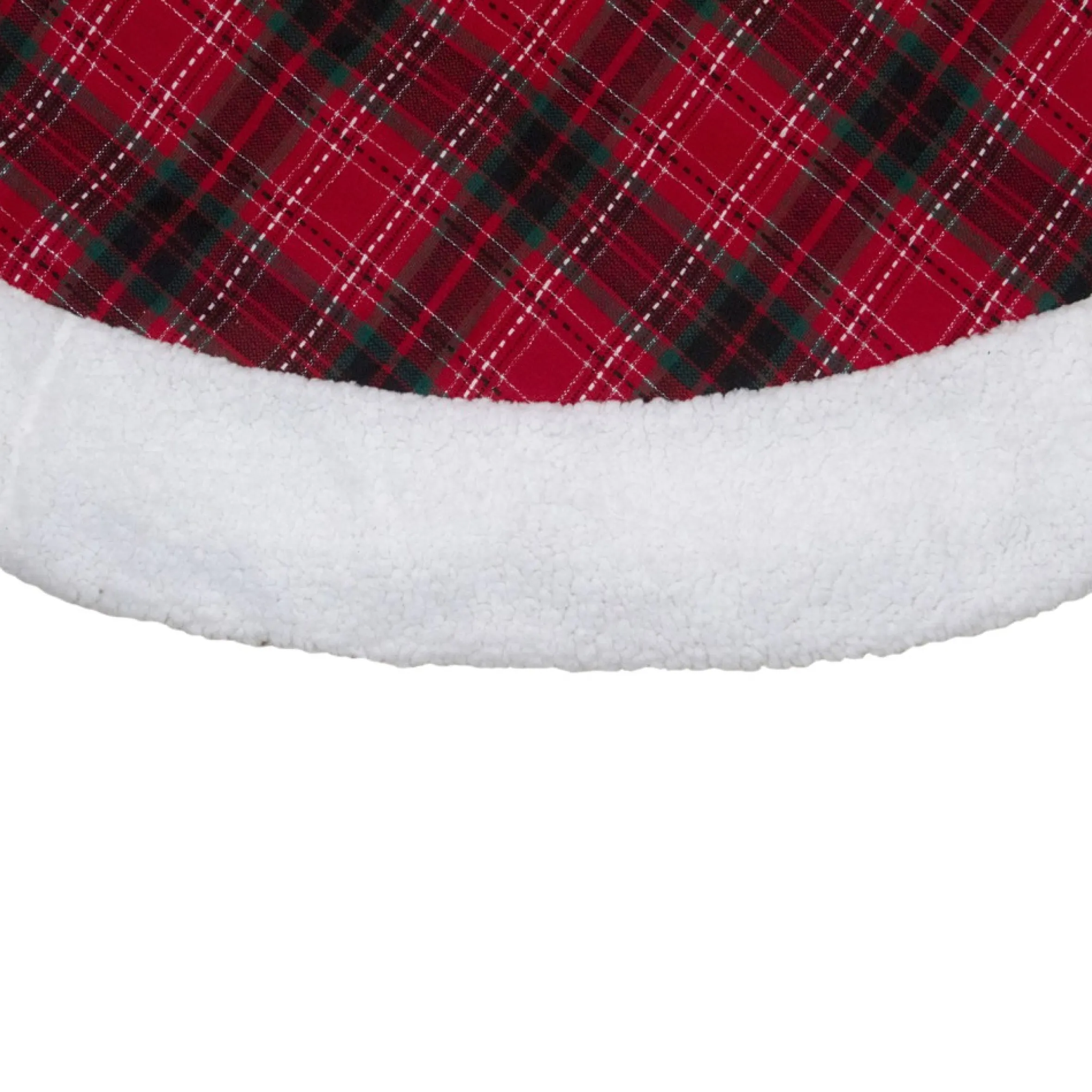 60" Red And Green Plaid Christmas Tree Skirt With White High Pile Fleece Trim