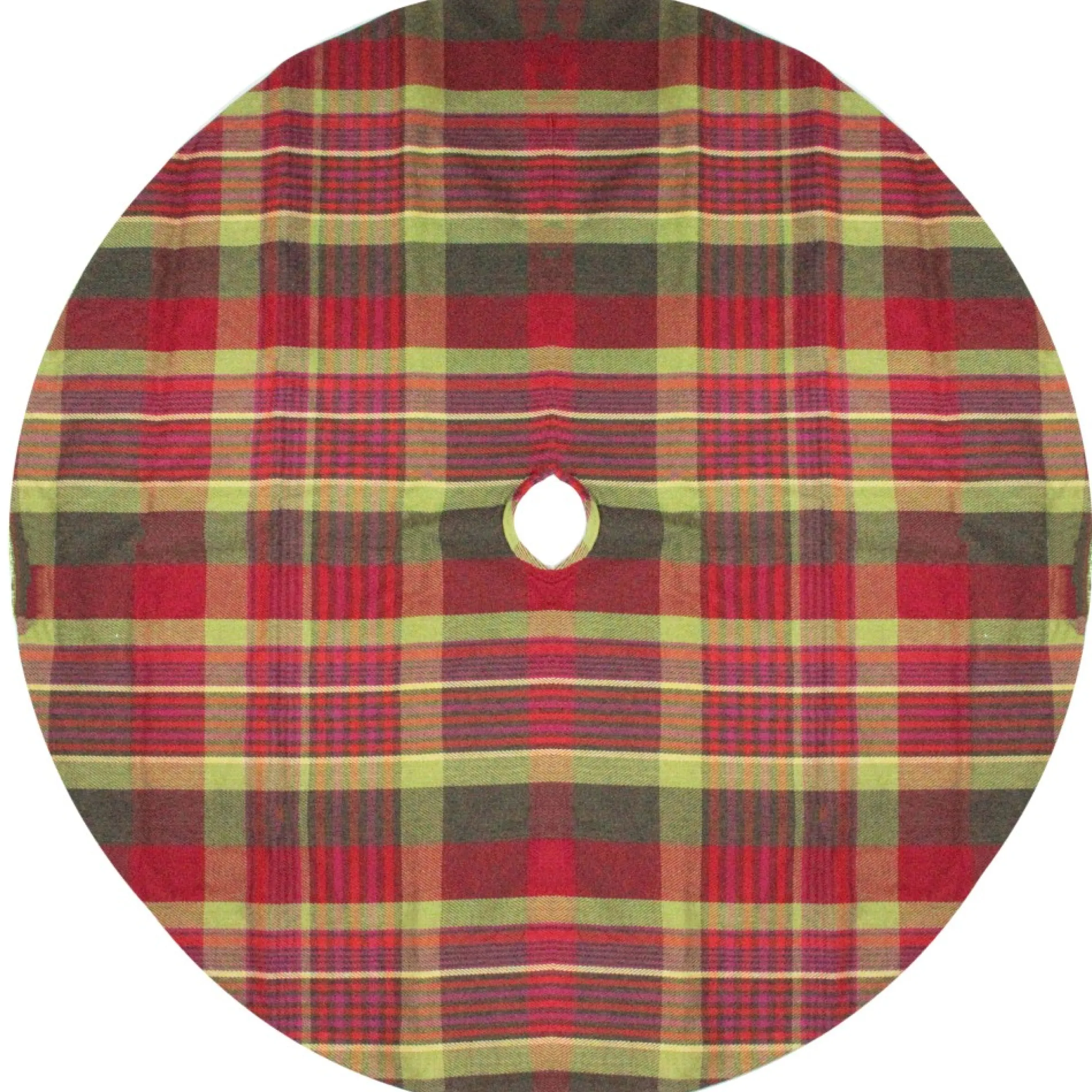 48" Red And Green Plaid Rustic Woodland Christmas Tree Skirt With Green Trim