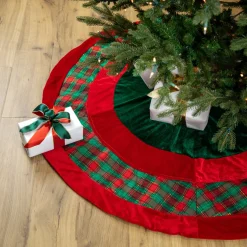 48" Red And Green Plaid Velveteen Christmas Tree Skirt