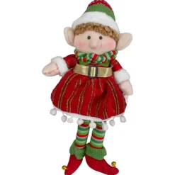14" Red And Green Plush Jingle Bell Girl Elf Christmas Figure