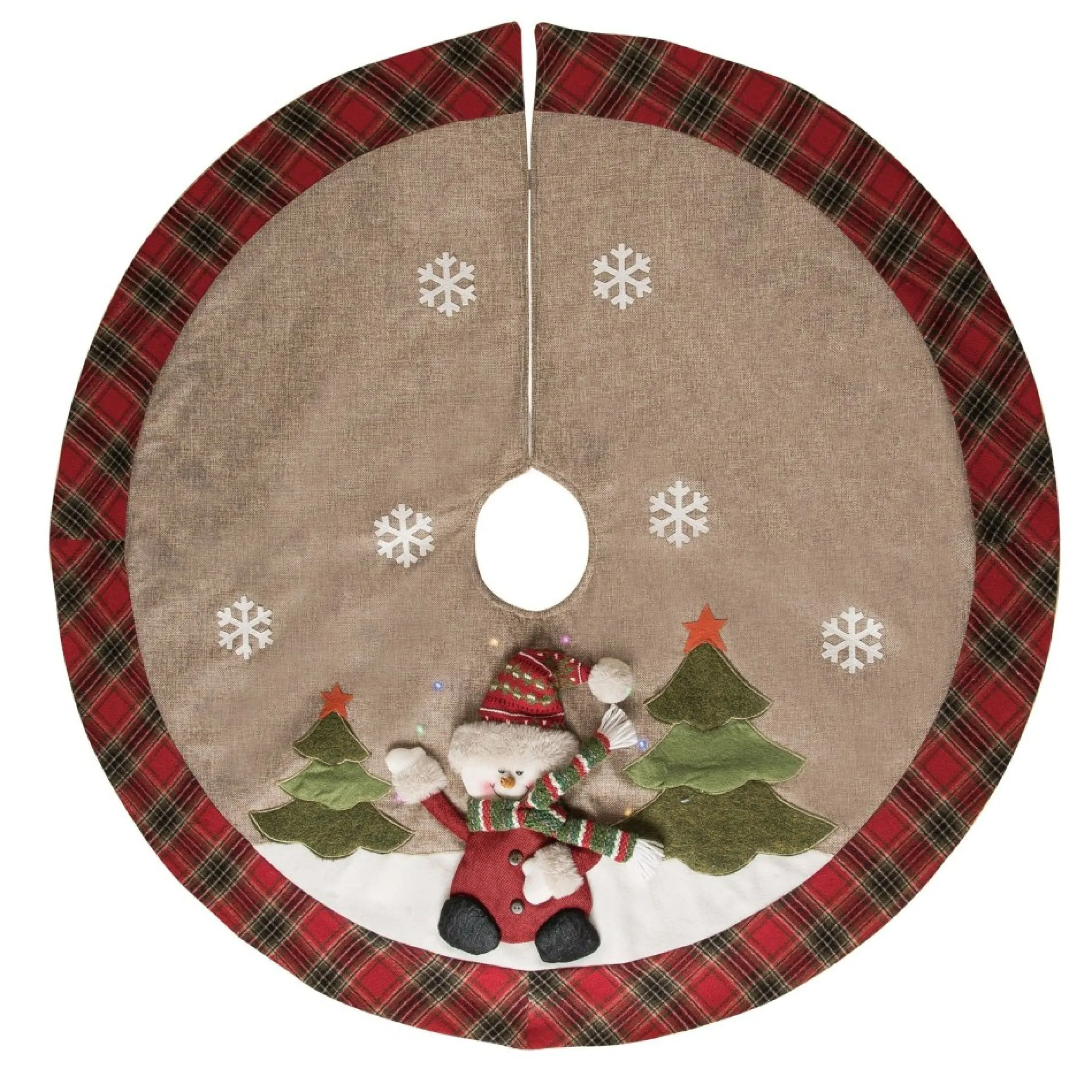 42" Red And Green Rustic Snowman Christmas Lighted Tree Skirt