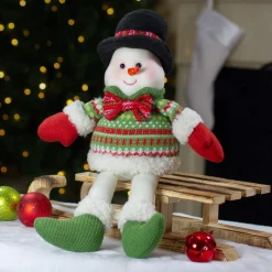 18" Red And Green Sitting Smiling Snowman Christmas Figure