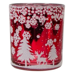 3" Red And Shiny Silver Deer In Winter Woods Flameless Glass Candle Holder