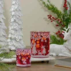 3" Red And Shiny Silver Deer In Winter Woods Flameless Glass Candle Holder
