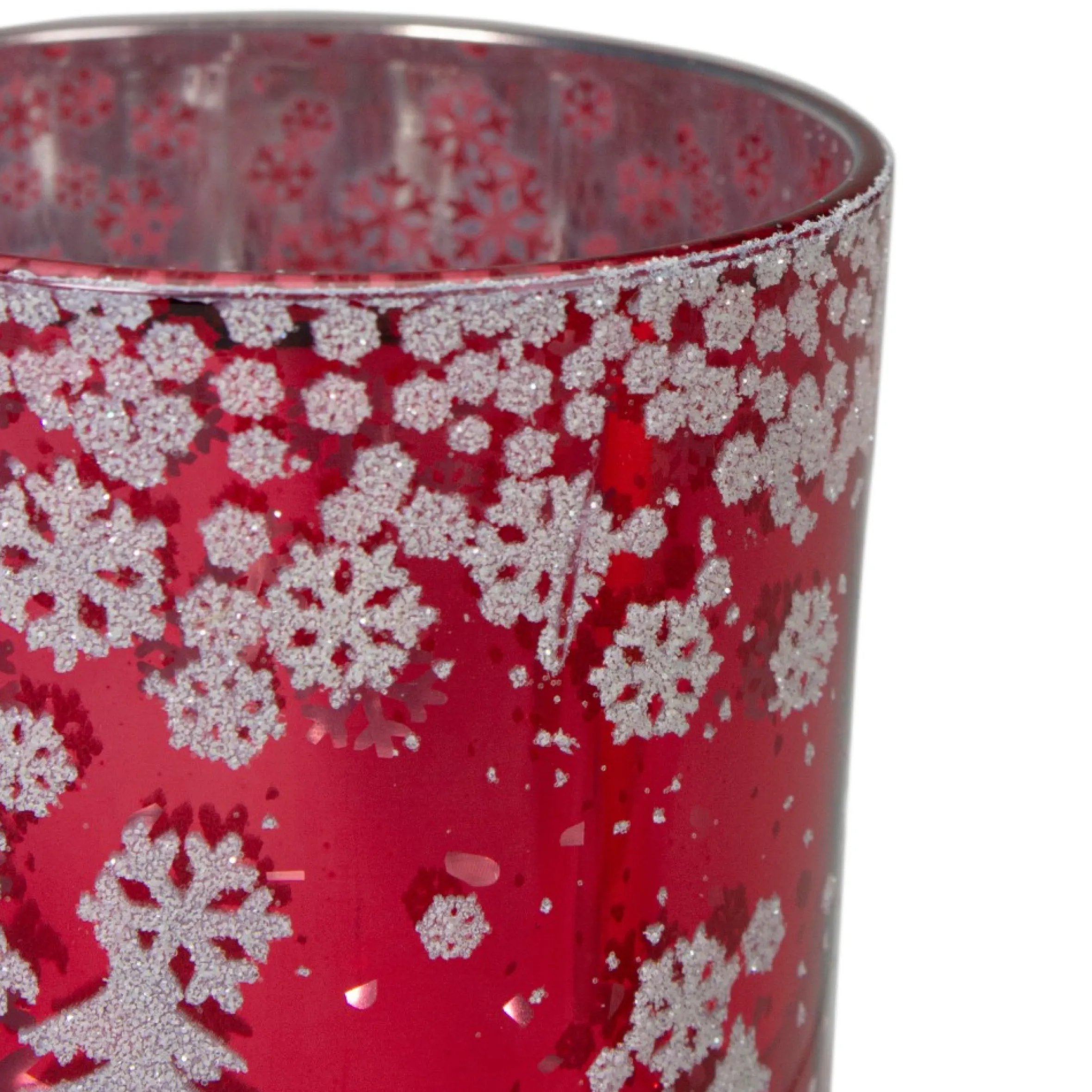 3" Red And Shiny Silver Deer In Winter Woods Flameless Glass Candle Holder
