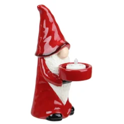 8.25" Red And White Ceramic Christmas Gnome Tealight Candle Holder
