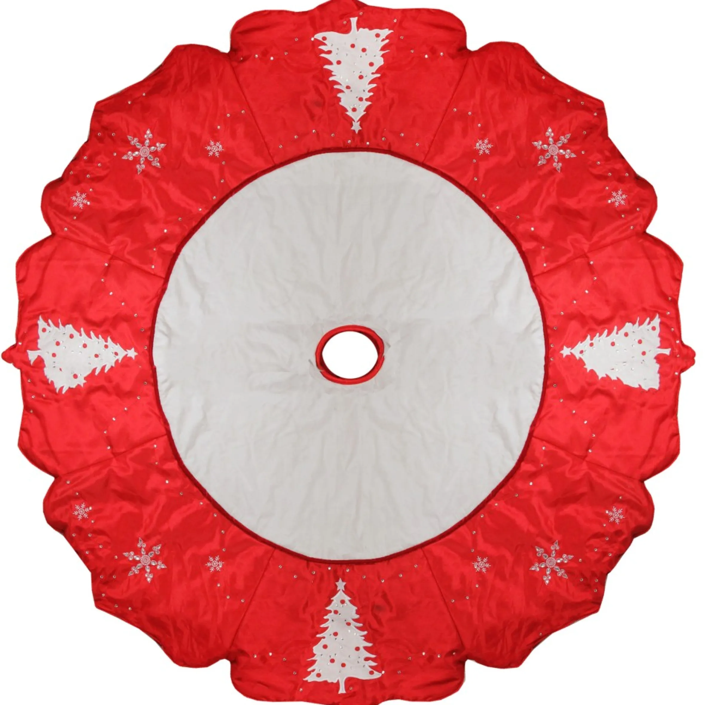 54" Red And White Embroidered Jeweled Tree With Snowflake Christmas Tree Skirt