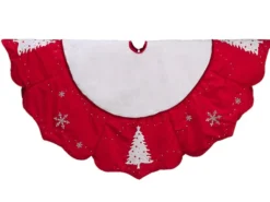 54" Red And White Embroidered Jeweled Tree With Snowflake Christmas Tree Skirt