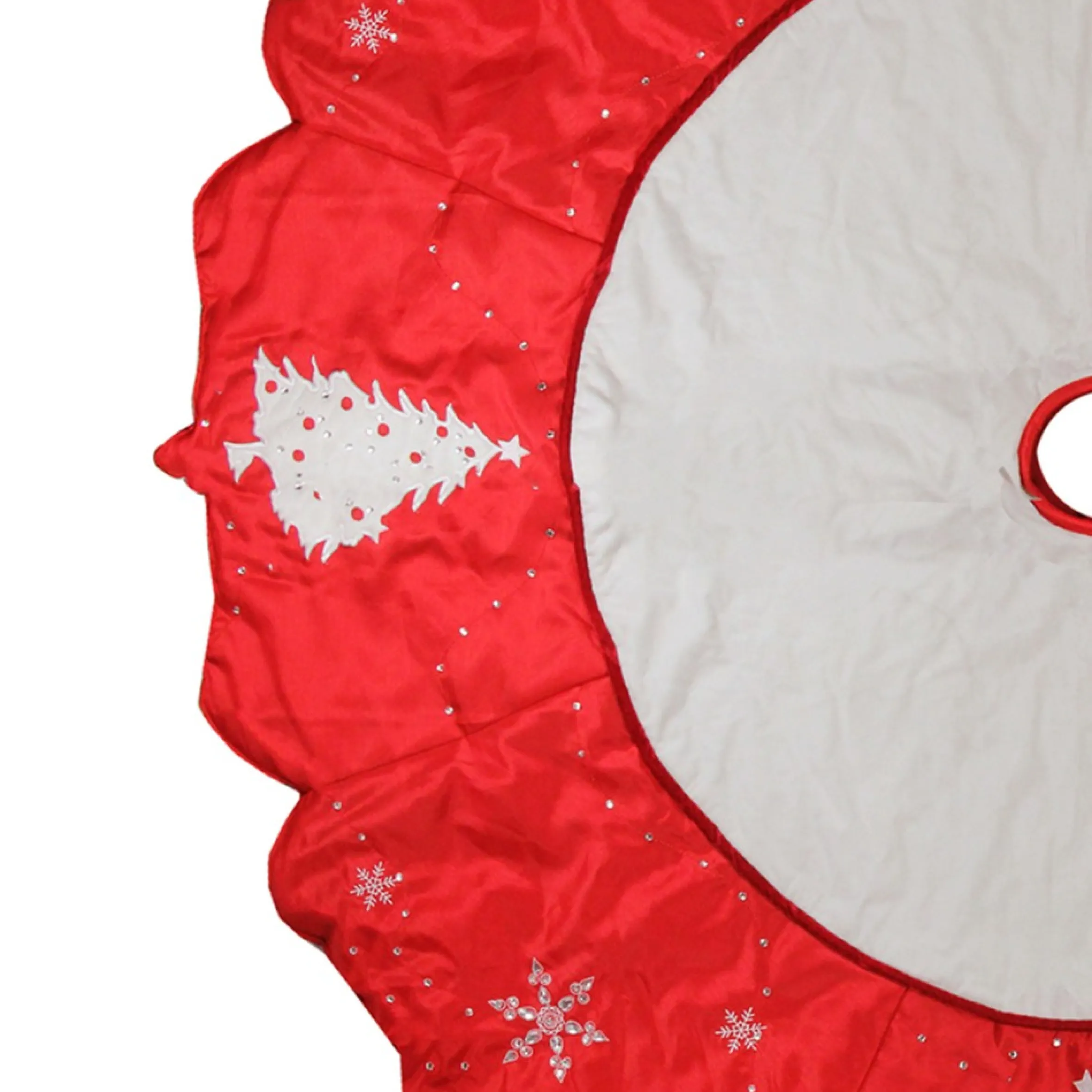 54" Red And White Embroidered Jeweled Tree With Snowflake Christmas Tree Skirt