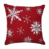 16.5" Red And White Embroidered Snowflakes Square Throw Pillow