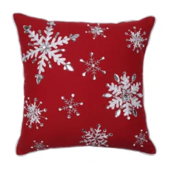 16.5" Red And White Embroidered Snowflakes Square Throw Pillow