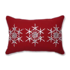 18.5" Red And White Embroidered Snowflakes Rectangular Throw Pillow
