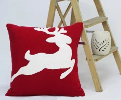 20" Red And White Handloomed Christmas Throw Pillow With Reindeer