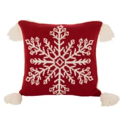 18" Red And White Knit Snowflake Christmas Pillow Cover With Tassels