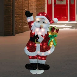 32" Red And White Lighted Waving Santa With Gifts Christmas Outdoor Decoration