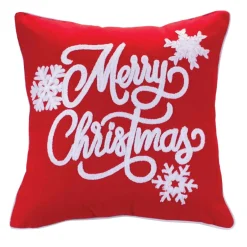 16" Red And White "Merry Christmas" Embroidered Throw Pillow
