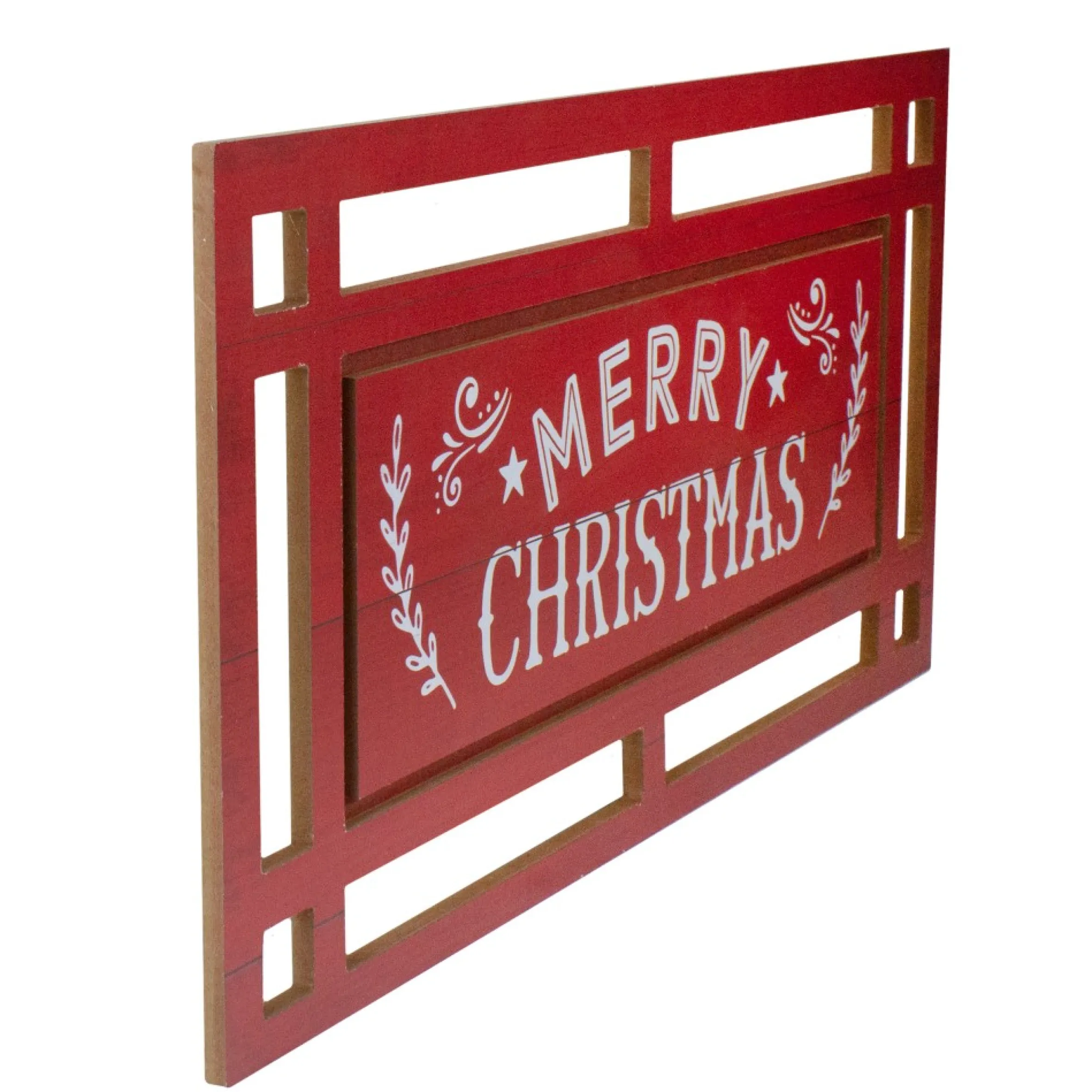 24" Red And White Merry Christmas Rectangular Carved Wooden Wall Sign